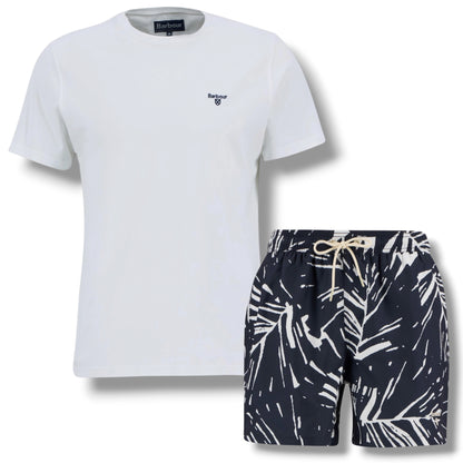 BARBOUR SMALL LOGO T-SHIRT & FLORAL SWIM SHORTS SET WHITE & NAVY BLUE