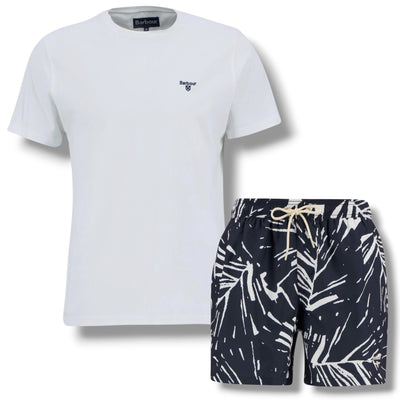 BARBOUR SMALL LOGO T-SHIRT & FLORAL SWIM SHORTS SET WHITE & NAVY BLUE