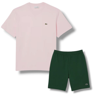 LACOSTE SMALL LOGO T-SHIRT & JERSEY SHORTS SET PINK & GREEN