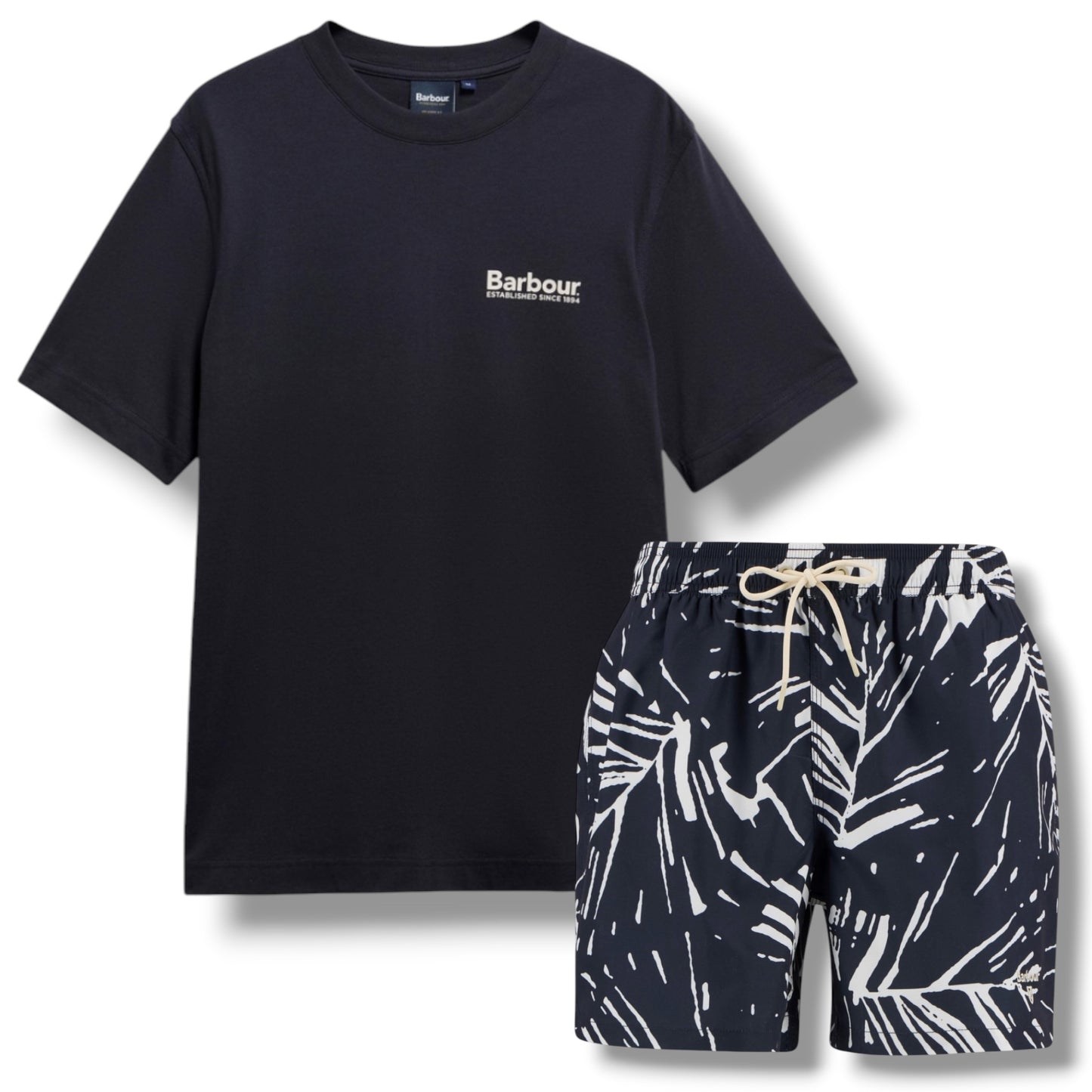 BARBOUR LIGHTHOUSE BACK LOGO T-SHIRT & FLORAL SWIM SHORTS SET NAVY BLUE
