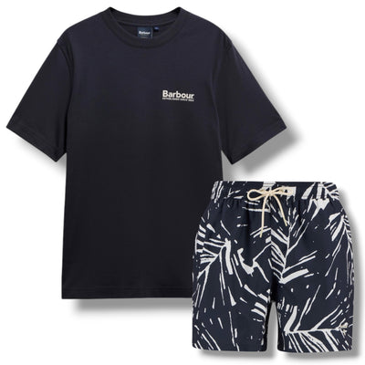 BARBOUR LIGHTHOUSE BACK LOGO T-SHIRT & FLORAL SWIM SHORTS SET NAVY BLUE