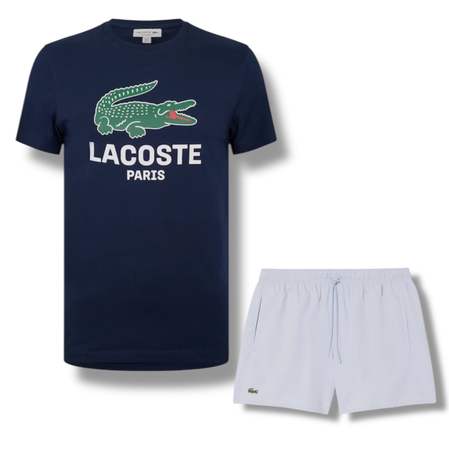 LACOSTE LARGE LOGO T-SHIRT & SWIM SHORTS SET NAVY & LIGHT BLUE
