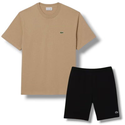 LACOSTE SMALL LOGO T-SHIRT & JERSEY SHORTS SET BEIGE & BLACK