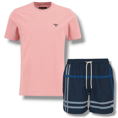 BARBOUR SMALL LOGO T-SHIRT & CHECK SWIM SHORTS SET PINK & NAVY BLUE