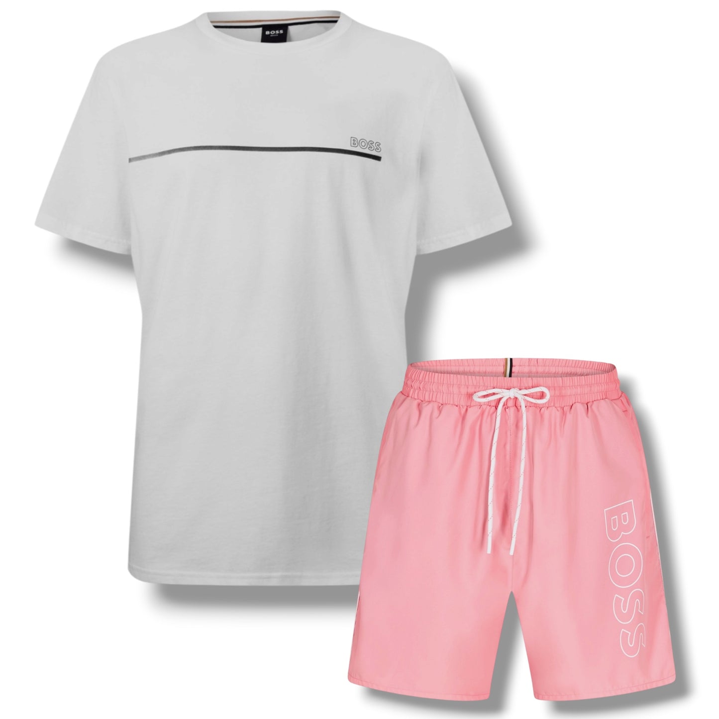 HUGO BOSS STORM T-SHIRT & SWIM SHORTS SET WHITE & PINK