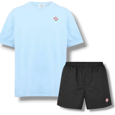 CASABLANCA DIAMOND T-SHIRT & SWIM SHORTS SET LIGHT BLUE & BLACK