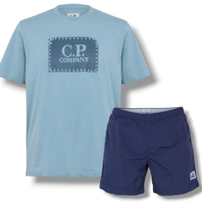 CP COMPANY STAMP T-SHIRT & SWIM SHORTS SET SILVER BLUE & NAVY BLUE
