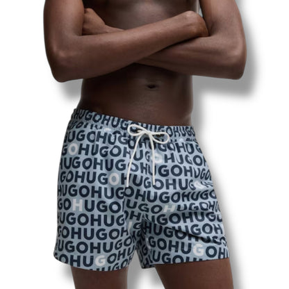 HUGO DESK LOGO T-SHIRT & ALL OVER SWIM SHORTS SET LIGHT BLUE