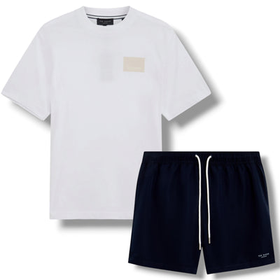 TED BAKER T-SHIRT & SWIM SHORTS SET WHITE & NAVY BLUE