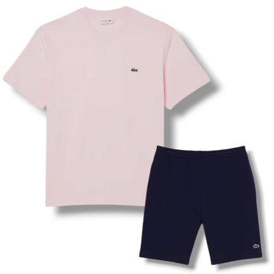 LACOSTE SMALL LOGO T-SHIRT & JERSEY SHORTS SET PINK & NAVY BLUE