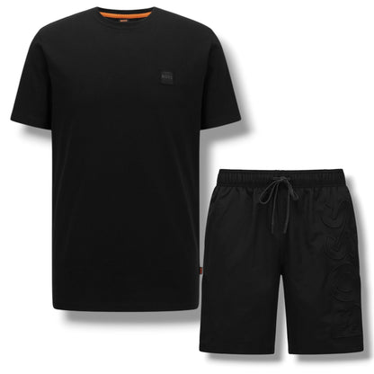HUGO BOSS PATCH T-SHIRT & VERTI LOGO SWIM SHORTS BLACK