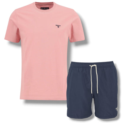 BARBOUR SMALL LOGO T-SHIRT &  SWIM SHORTS PINK & NAVY BLUE