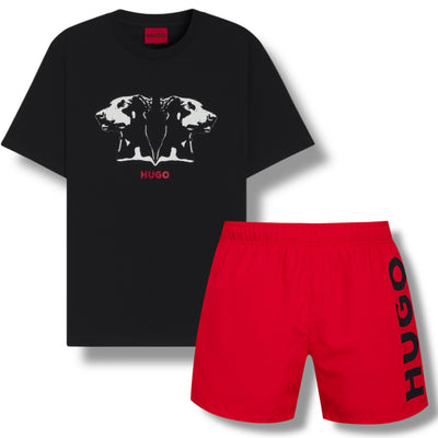 HUGO MIRROR DOG LOGO T-SHIRT & VERTI SWIM SHORTS SET BLACK & RED