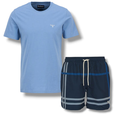 BARBOUR SMALL LOGO T-SHIRT & CHECK SWIM SHORTS SET LIGHT BLUE & NAVY BLUE