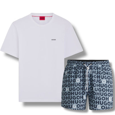 HUGO SMALL LOGO T-SHIRT & ALL OVER SWIM SHORTS SET WHITE & LIGHT BLUE
