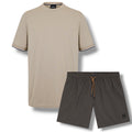 HUGO BOSS TRIM SLEEVE T-SHIRT & GEO SWIM SHORTS BEIGE & BROWN