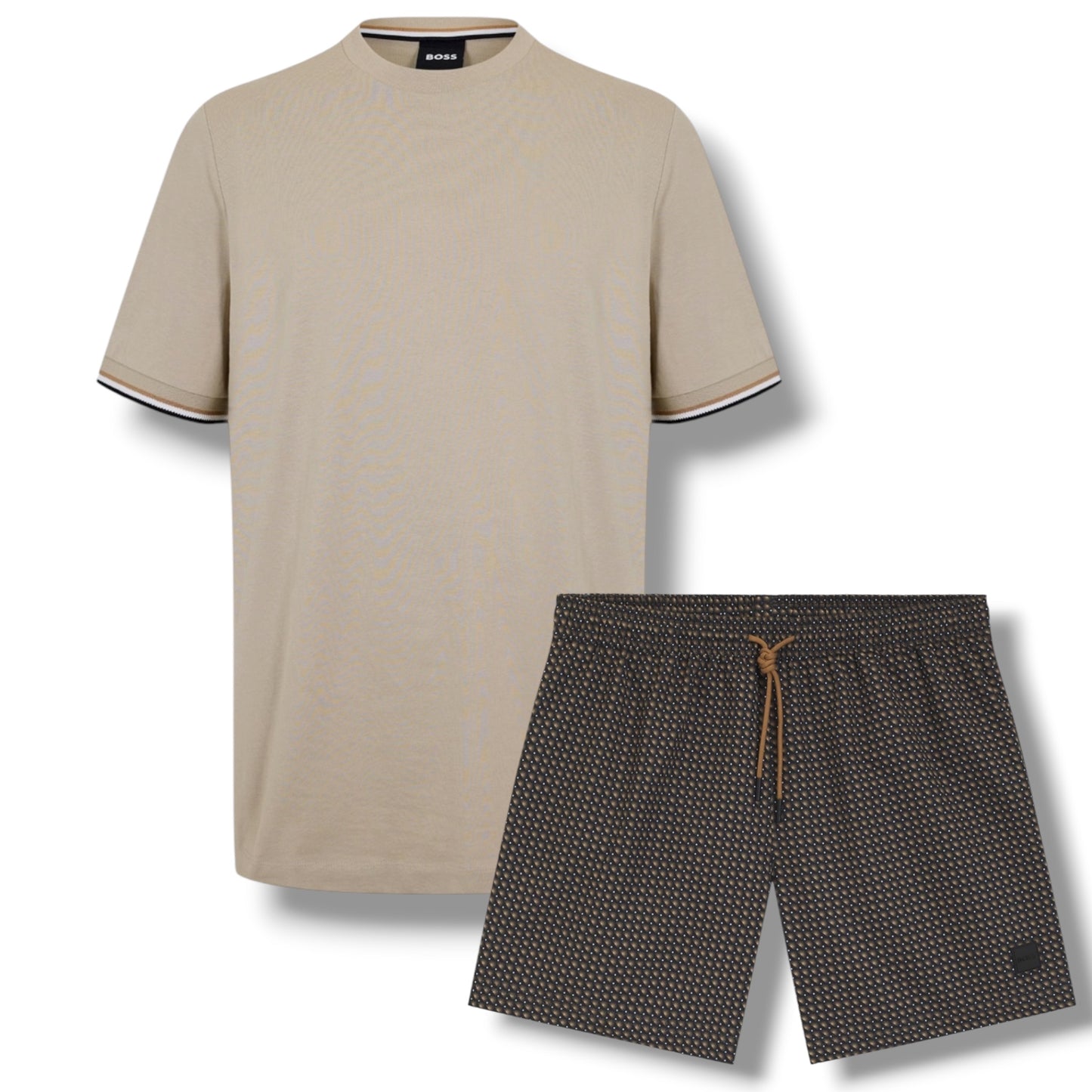 HUGO BOSS TRIM SLEEVE T-SHIRT & GEO SWIM SHORTS BEIGE & BROWN