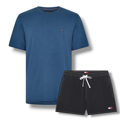 TOMMY HILFIGER SMALL LOGO T-SHIRT & SWIM SHORTS SET SEA BLUE & BLACK