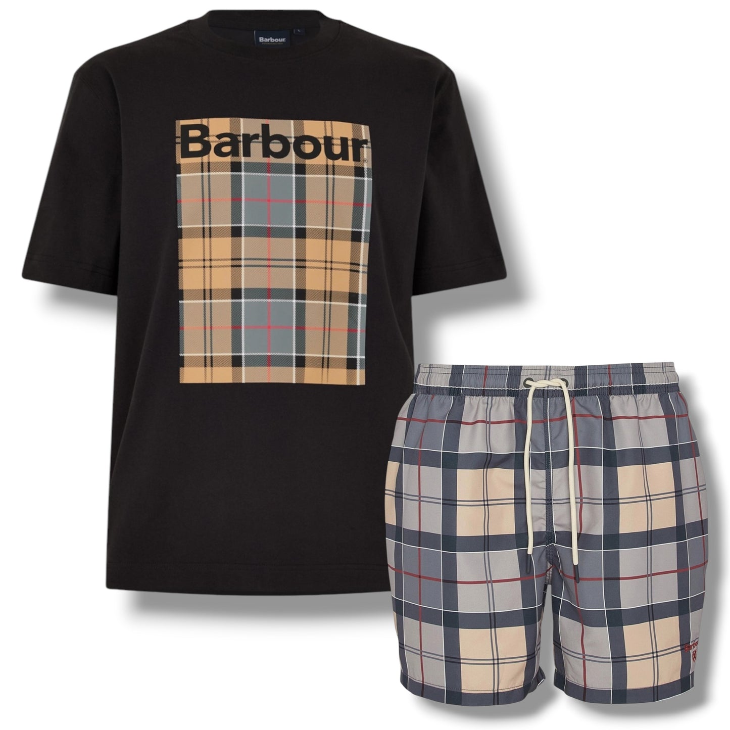 BARBOUR BOX CHECK LOGO T-SHIRT & CHECK SWIM SHORTS SET BLACK & BEIGE
