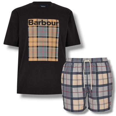 BARBOUR BOX CHECK LOGO T-SHIRT & CHECK SWIM SHORTS SET BLACK & BEIGE