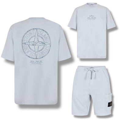 STONE ISLAND BACK LOGO T-SHIRT & CARGO JERSEY SHORTS SET SKY BLUE