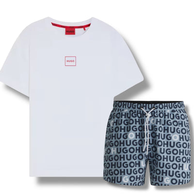HUGO SMALL BOX LOGO T-SHIRT & ALL OVER SWIM SHORTS SET WHITE & LIGHT BLUE
