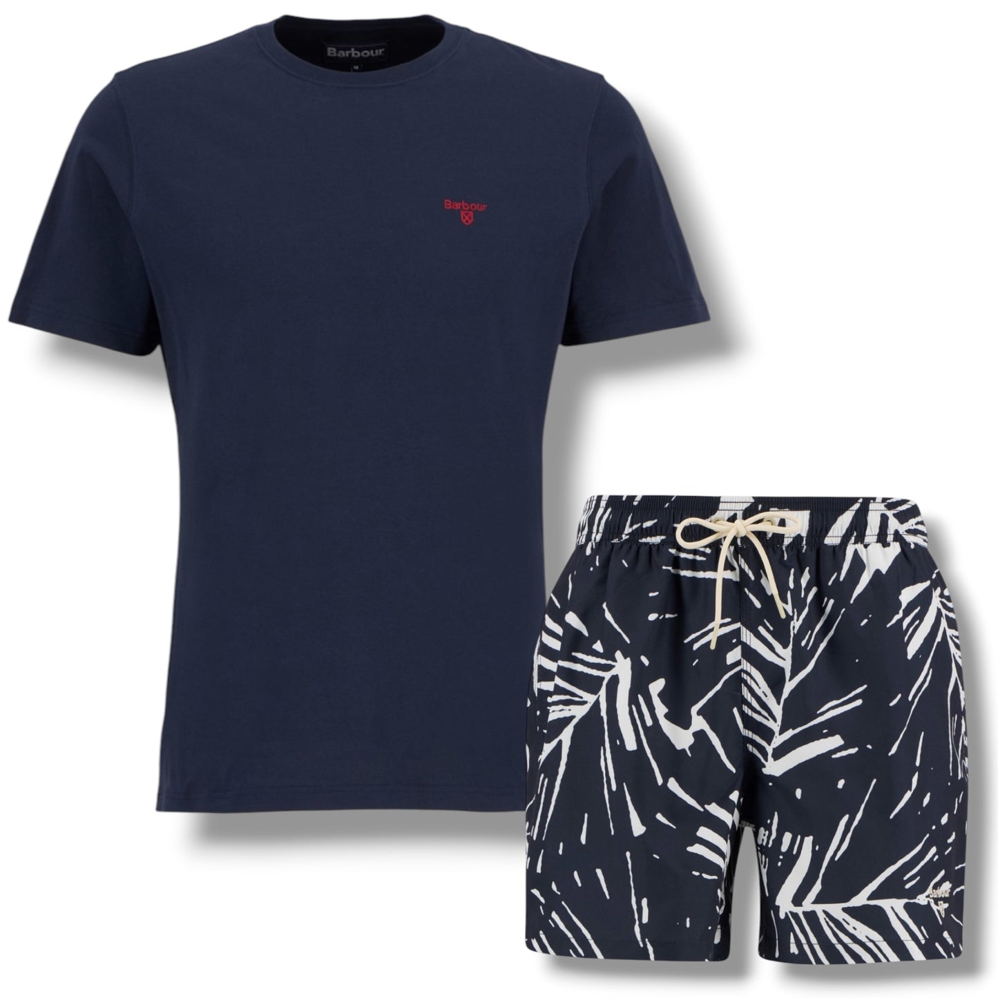 BARBOUR SMALL LOGO T-SHIRT & FLORAL SWIM SHORTS SET NAVY & NAVY BLUE