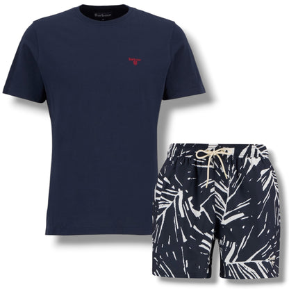 BARBOUR SMALL LOGO T-SHIRT & FLORAL SWIM SHORTS SET NAVY & NAVY BLUE