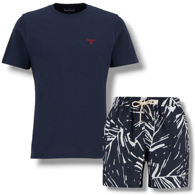 BARBOUR SMALL LOGO T-SHIRT & FLORAL SWIM SHORTS SET NAVY & NAVY BLUE