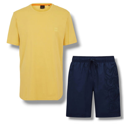 HUGO BOSS PATCH T-SHIRT & VERTI LOGO SWIM SHORTS SET YELLOW & NAVY BLUE