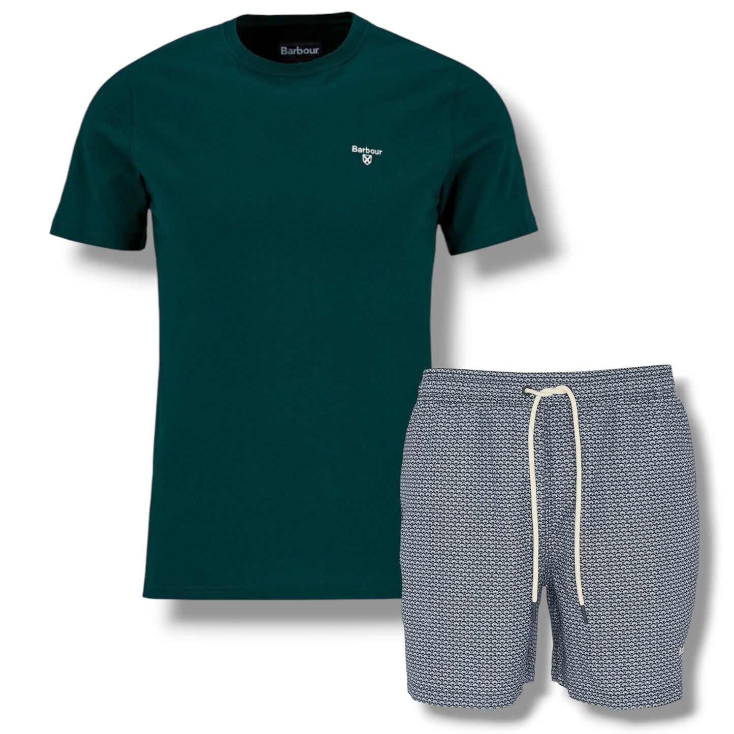 BARBOUR SMALL LOGO T-SHIRT & SHELL SWIM SHORTS BOTTLE GREEN & NAVY BLUE