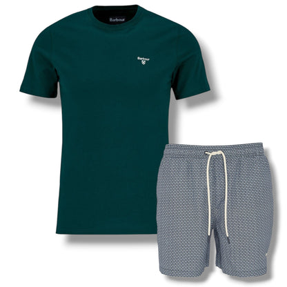 BARBOUR SMALL LOGO T-SHIRT & SHELL SWIM SHORTS BOTTLE GREEN & NAVY BLUE