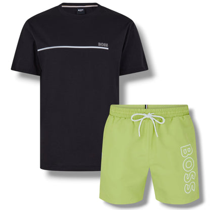 HUGO BOSS STORM T-SHIRT & SWIM SET BLACK & LIME GREEN