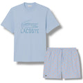 LACOSTE LARGE LOGO T-SHIRT & ALL OVER LOGO SWIM SHORTS SET LIGHT BLUE