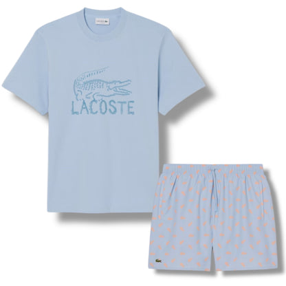 LACOSTE LARGE LOGO T-SHIRT & ALL OVER LOGO SWIM SHORTS SET LIGHT BLUE