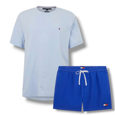 TOMMY HILFIGER SMALL LOGO T-SHIRT & SWIM SHORTS SET BREEZY BLUE & BLUE
