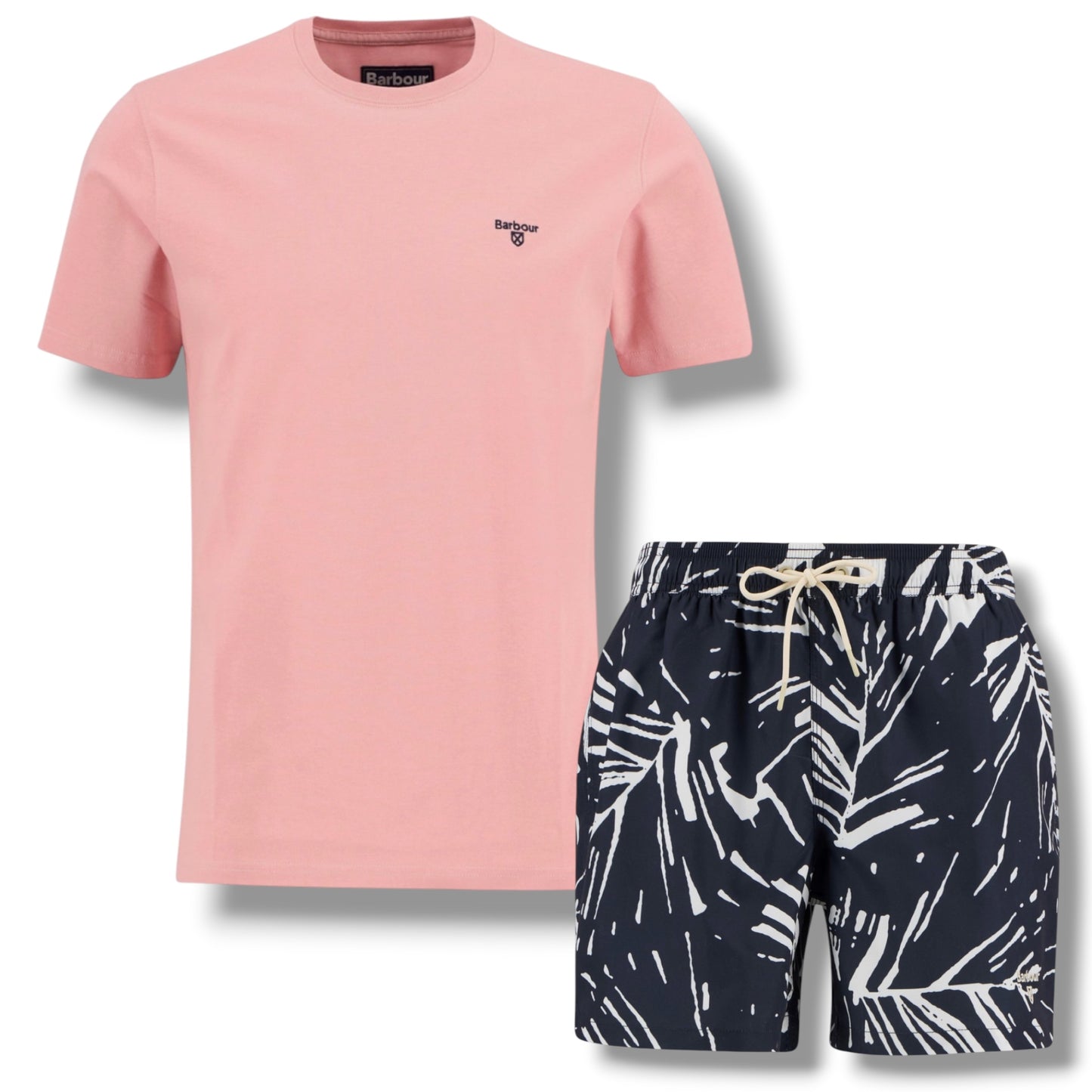 BARBOUR SMALL LOGO T-SHIRT & FLORAL SWIM SHORTS SET PINK  & NAVY BLUE