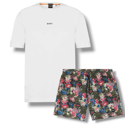 HUGO BOSS CENTRE LOGO T-SHIRT & FLORAL SWIM SHORTS SET WHITE & KHAKI GREN