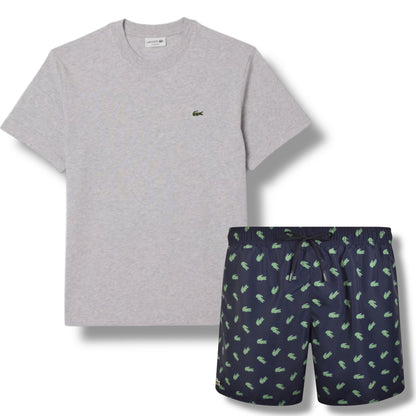LACOSTE SMALL LOGO T-SHIRT & ALL OVER LOGO SWIM SHORTS SET GREY & NAVY BLUE