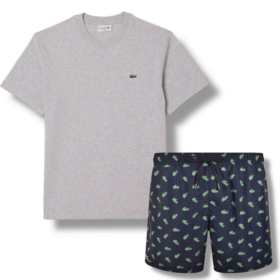 LACOSTE SMALL LOGO T-SHIRT & ALL OVER LOGO SWIM SHORTS SET GREY & NAVY BLUE