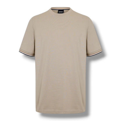 HUGO BOSS TRIM SLEEVE T-SHIRT & GEO SWIM SHORTS BEIGE & BROWN