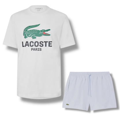 LACOSTE LARGE LOGO T-SHIRT & SWIM SHORTS SET WHITE & LIGHT BLUE