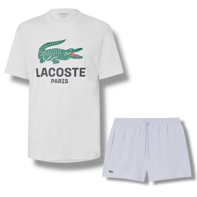LACOSTE LARGE LOGO T-SHIRT & SWIM SHORTS SET WHITE & LIGHT BLUE