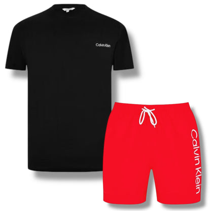 CALVIN KLEIN T-SHIRT & SWIM SHORTS SET BLACK & RED