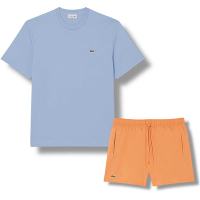 LACOSTE SMALL LOGO T-SHIRT & SWIM SHORTS SET LIGHT BLUE & ORANGE
