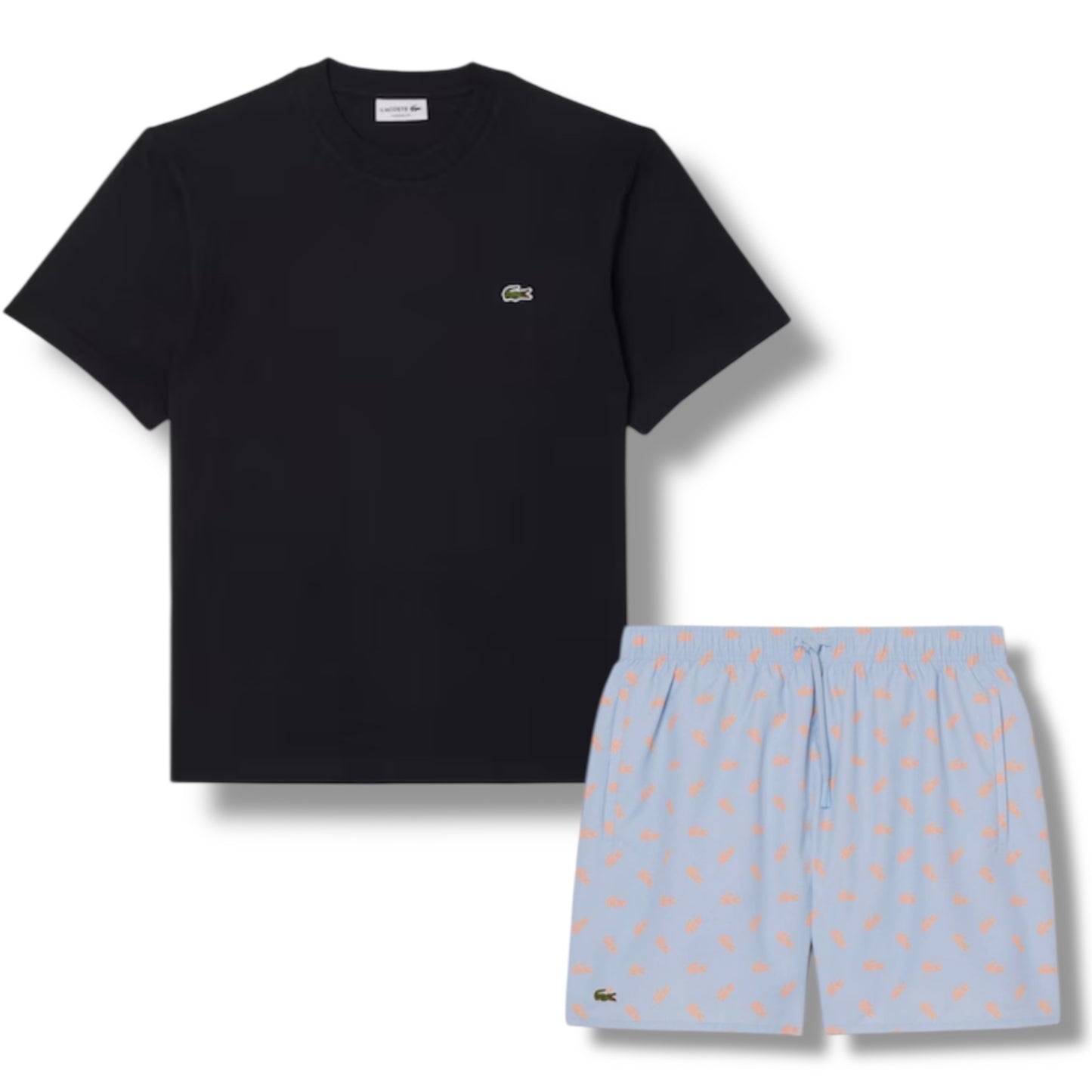 LACOSTE SMALL LOGO T-SHIRT & SWIM SHORTS SET BLACK & LIGHT BLUE
