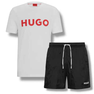 HUGO BIG LOGO T-SHIRT & SMALL LOGO SWIM SHORTS SET WHITE - RED & BLACK