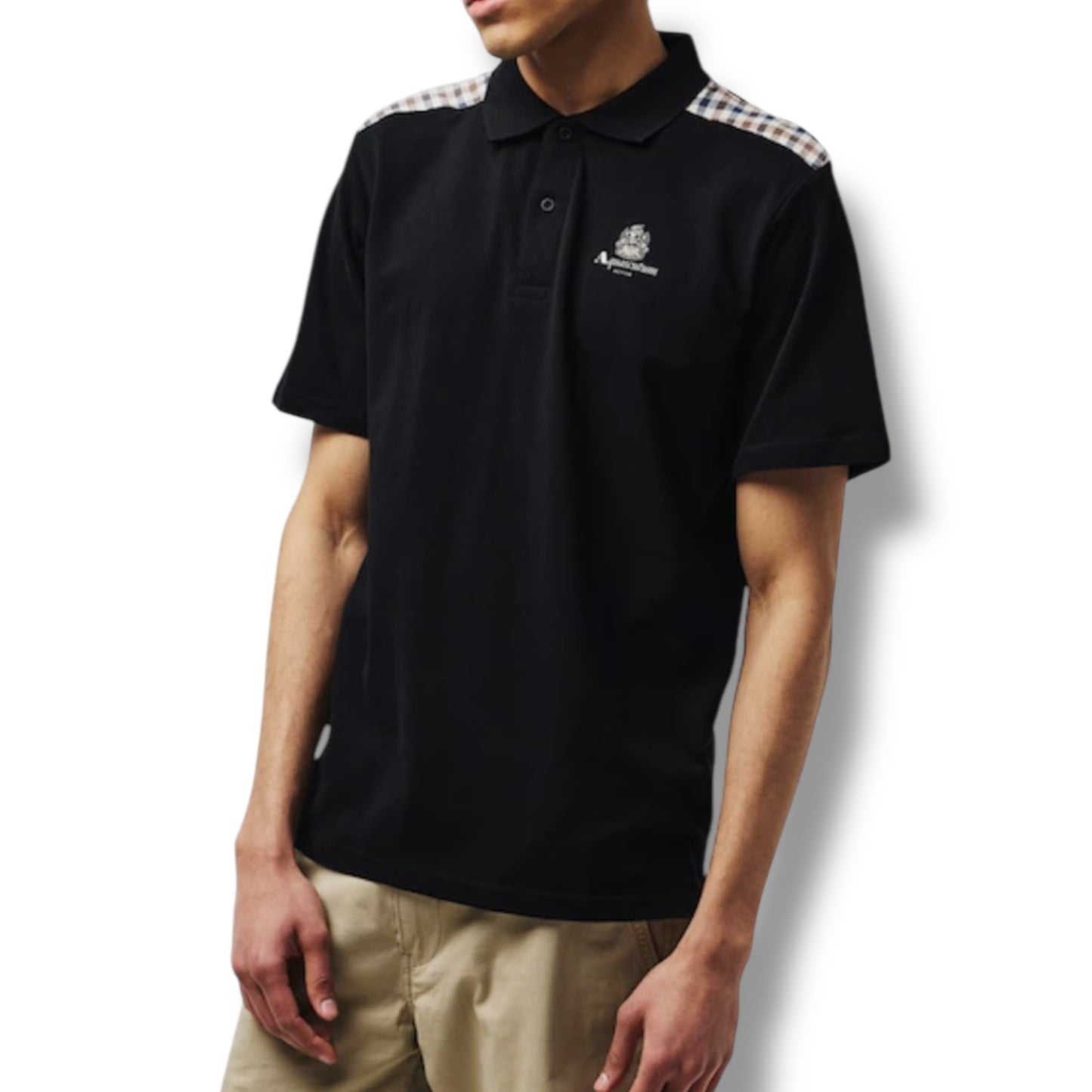 AQUASCUTUM CHECK SHOULDER POLO SHIRT BLACK