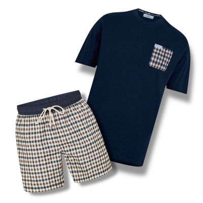 AQUASCUTUM PATCH POCKET T-SHIRT & SWIM SHORTS SET SMALL CHECK NAVY