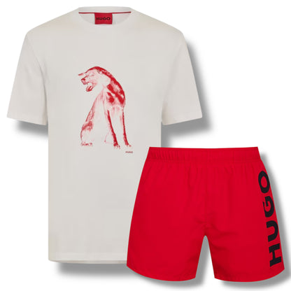 HUGO DOG LOGO T-SHIRT & VERTI SWIM SHORTS SET WHITE & RED